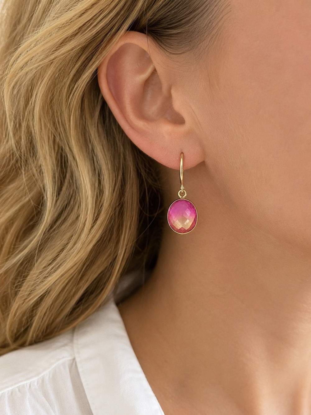 Pink Yellow Gradient Aura Quartz Oval Drop Earrings 18K Gold Plated